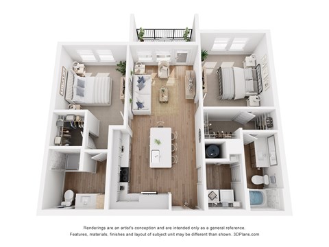 A 3D floor plan of a small apartment with a kitchen, living room, and two bedrooms.
